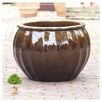 Geglazuurde cachepot, 52 cm. Mosterdbruin.
