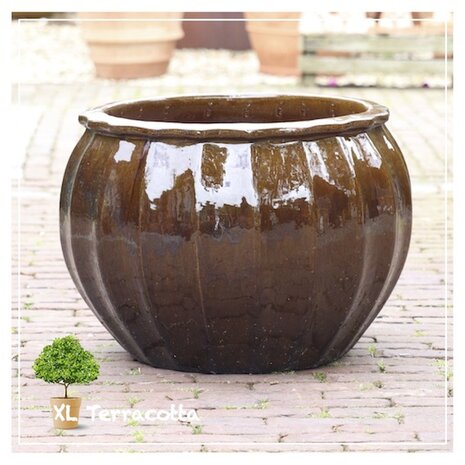 Geglazuurde cachepot, 52 cm. Mosterdbruin.